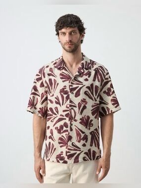 Mango Men’s PRINTED FLOWING SHIRT WITH BOWLING COLLAR XS